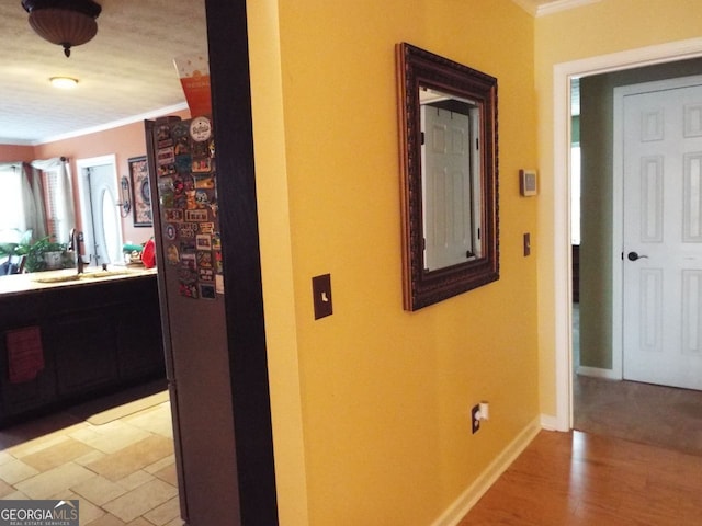 corridor featuring ornamental molding and sink