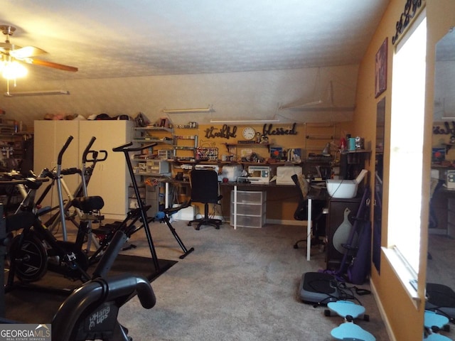 workout area with a workshop area, ceiling fan, and carpet