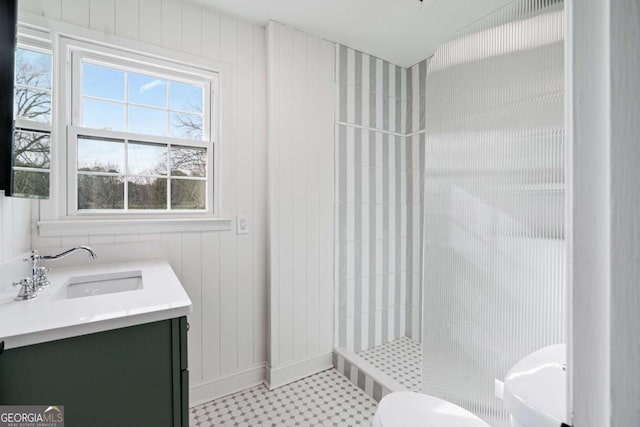 bathroom with a shower, vanity, and toilet