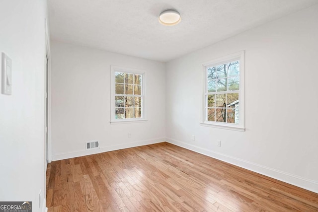 spare room featuring light wood-type flooring, a textured ceiling, and a wealth of natural light