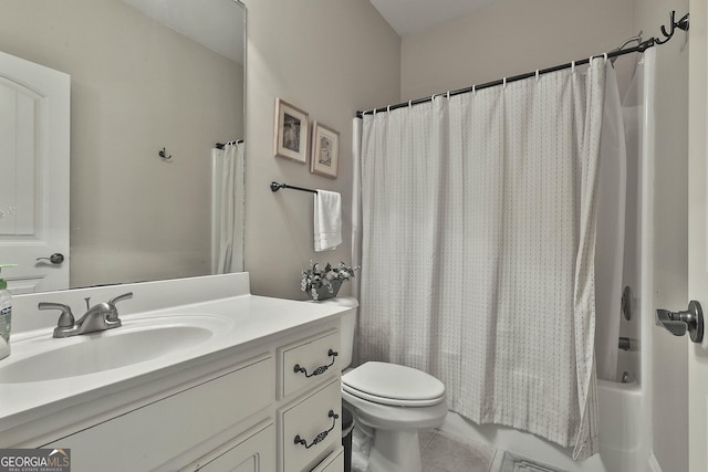 full bathroom with vanity, tile patterned flooring, toilet, and shower / tub combo with curtain