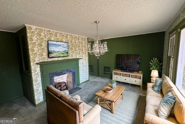 carpeted living room featuring a textured ceiling and an inviting chandelier