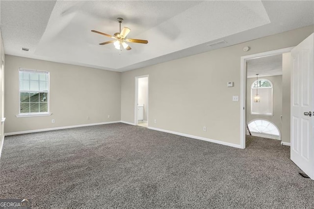 carpeted spare room with a raised ceiling, plenty of natural light, and ceiling fan