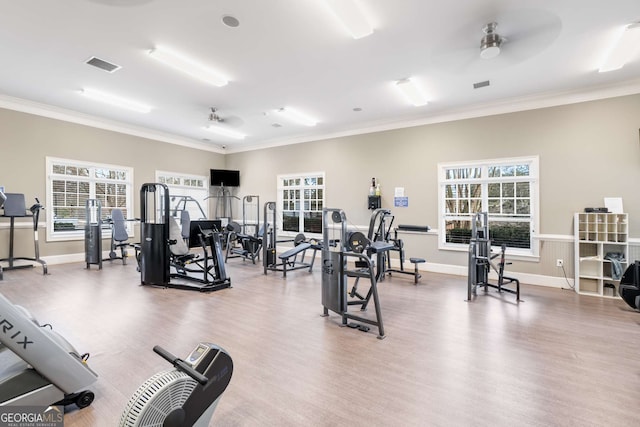 exercise room featuring a wealth of natural light, ornamental molding, visible vents, and ceiling fan