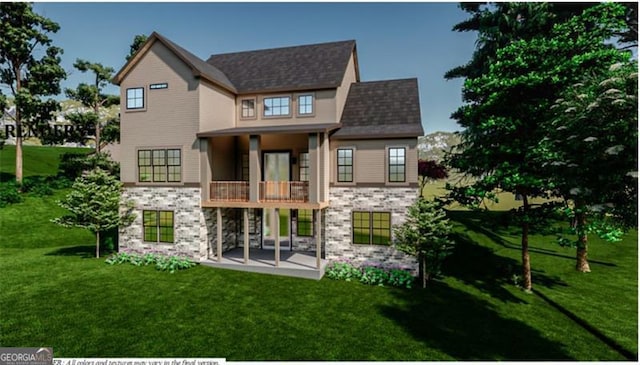 rear view of house with a balcony, a patio, and a lawn