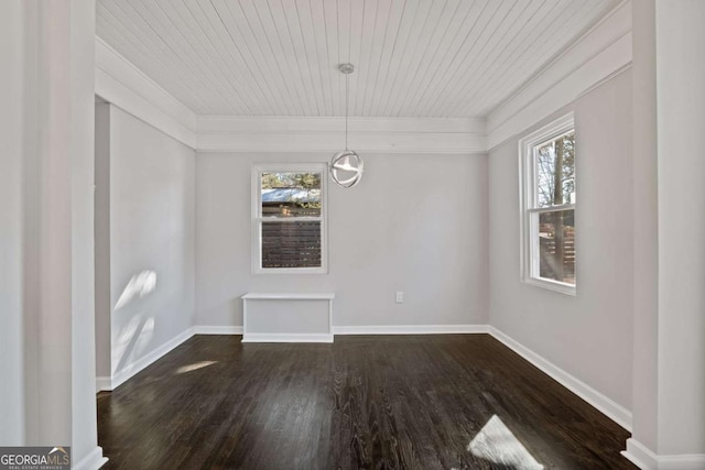 unfurnished dining area with wood ceiling, plenty of natural light, and dark hardwood / wood-style flooring