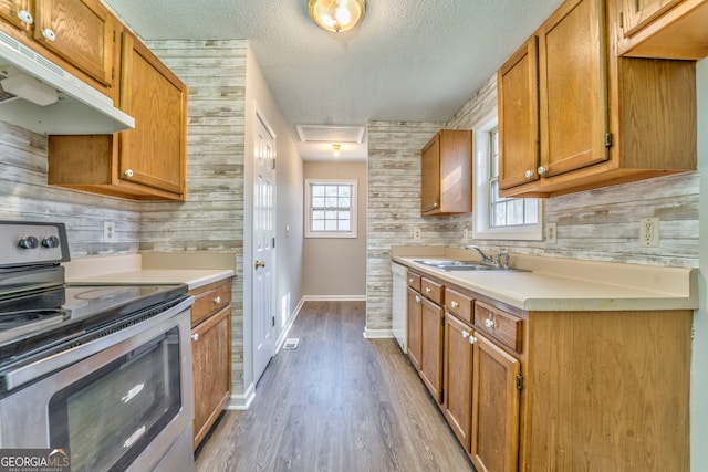 kitchen with sink, a textured ceiling, stainless steel electric range, light hardwood / wood-style flooring, and white dishwasher