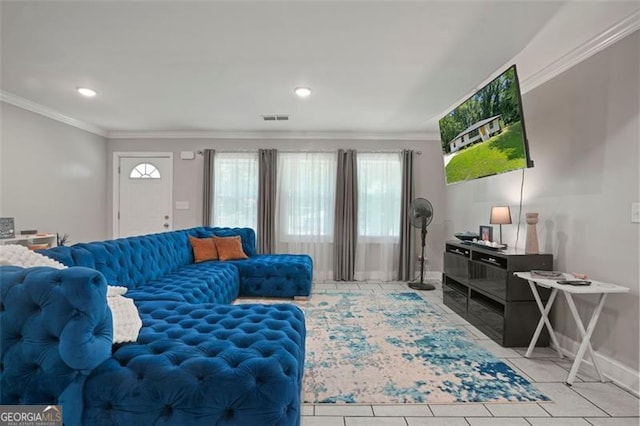 tiled living room with crown molding