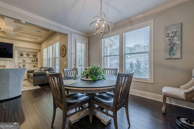 dining room with coffered ceiling, an inviting chandelier, ornamental molding, dark hardwood / wood-style floors, and built in features