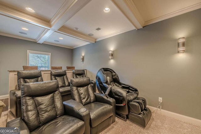 cinema featuring beamed ceiling, coffered ceiling, crown molding, and light carpet