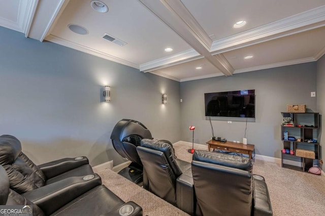 carpeted home theater room featuring crown molding, coffered ceiling, and beam ceiling