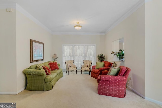 carpeted living room with crown molding