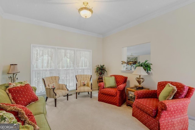 sitting room featuring crown molding and light colored carpet