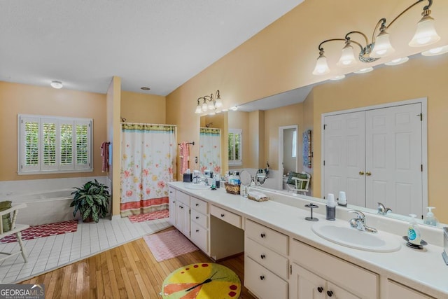 bathroom with vanity, hardwood / wood-style floors, and plus walk in shower