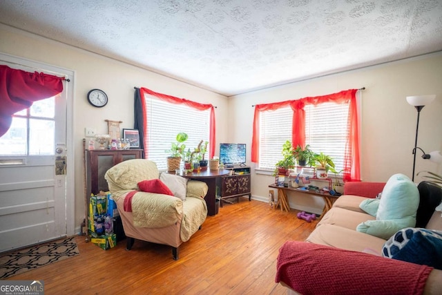 living room with a textured ceiling and light wood-type flooring