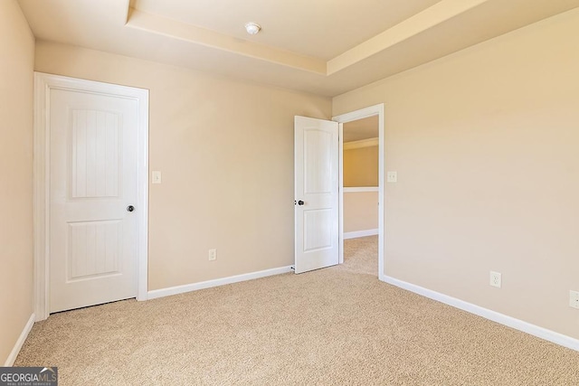 empty room with light colored carpet and a raised ceiling