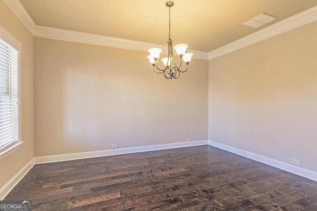 unfurnished room with crown molding, dark hardwood / wood-style flooring, and a notable chandelier