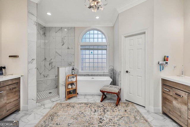 full bathroom featuring ornamental molding, marble finish floor, and vanity