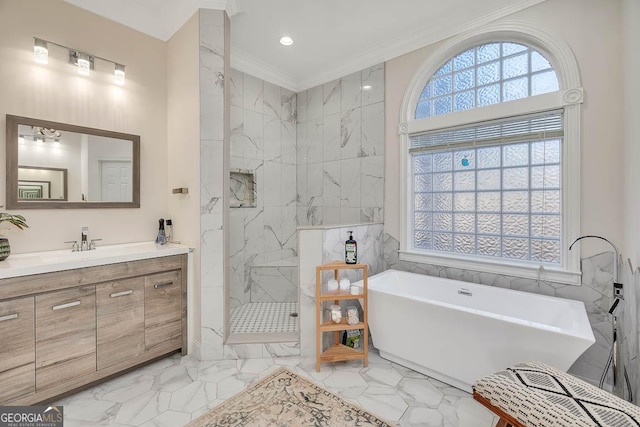 full bathroom with marble finish floor, a freestanding bath, a marble finish shower, and crown molding