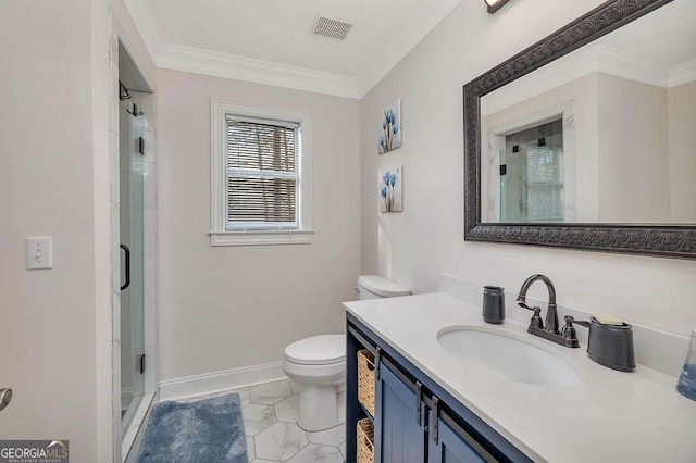 bathroom with baseboards, visible vents, toilet, crown molding, and a shower stall