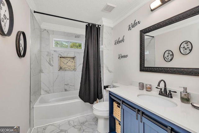 bathroom featuring crown molding, shower / bath combination with curtain, visible vents, toilet, and vanity