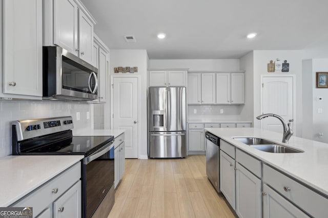 kitchen with backsplash, stainless steel appliances, sink, and light wood-type flooring