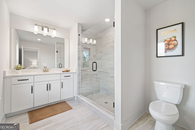 full bath featuring baseboards, toilet, recessed lighting, a stall shower, and vanity