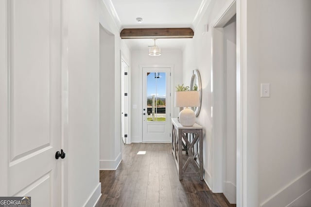 doorway with baseboards, dark wood-type flooring, and ornamental molding