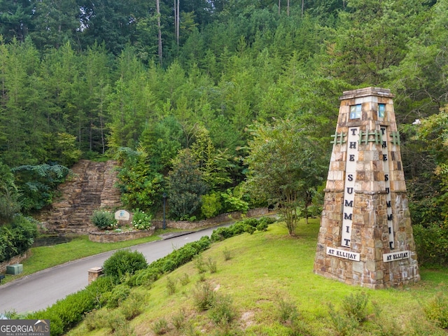 view of yard featuring a forest view