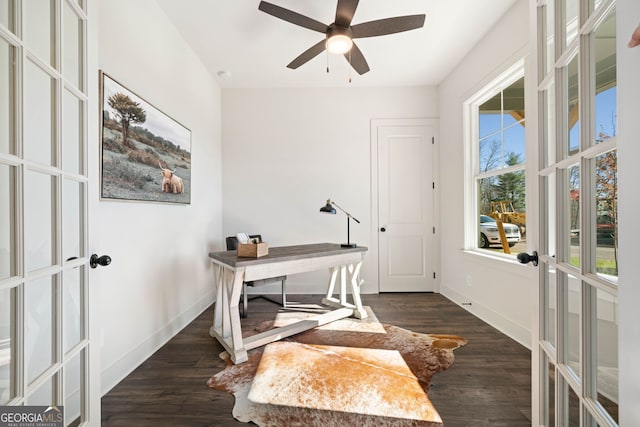 office featuring ceiling fan, french doors, dark wood-type flooring, and baseboards