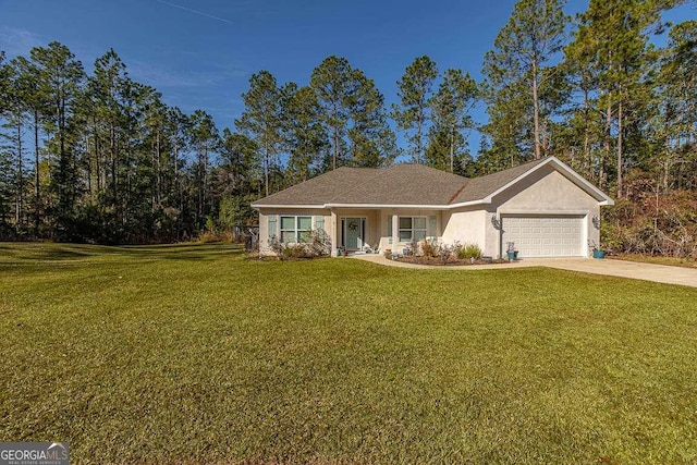 single story home featuring a garage, stucco siding, concrete driveway, and a front yard