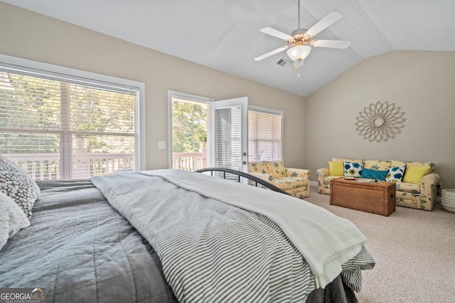 carpeted bedroom featuring lofted ceiling, access to outside, and ceiling fan