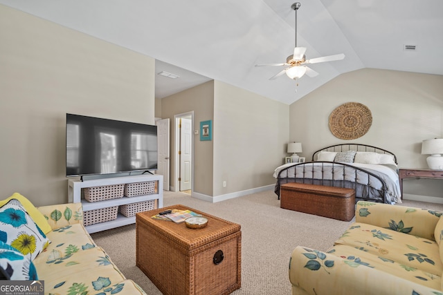 bedroom with lofted ceiling, carpet floors, and ceiling fan