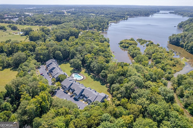 drone / aerial view featuring a water view