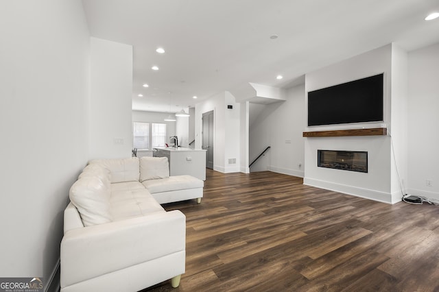 living room featuring dark wood-type flooring and sink