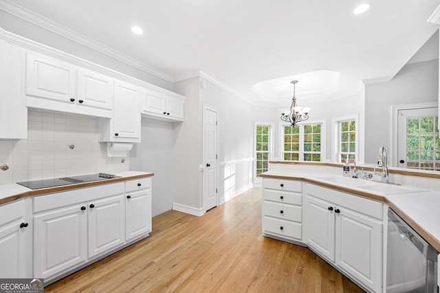 kitchen featuring pendant lighting, sink, black electric stovetop, white cabinets, and stainless steel dishwasher