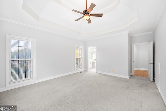 carpeted spare room with a tray ceiling, ornamental molding, and ceiling fan