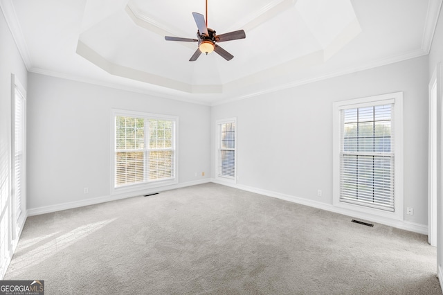 spare room with crown molding, carpet floors, a raised ceiling, and ceiling fan