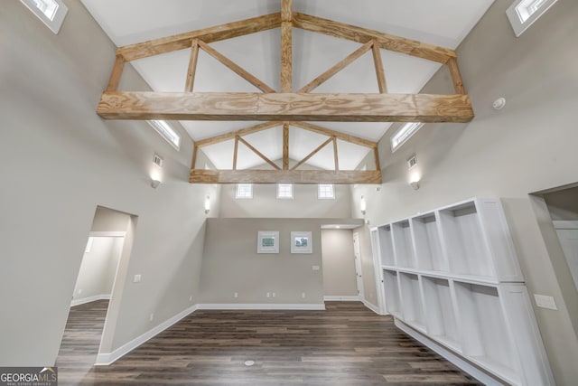 interior space with dark wood-type flooring, high vaulted ceiling, and beamed ceiling