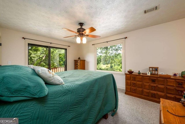 bedroom featuring light carpet, multiple windows, and a textured ceiling