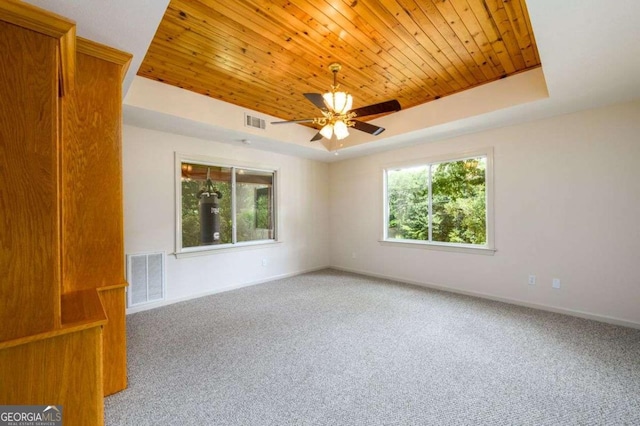 spare room featuring a raised ceiling, carpet flooring, a wealth of natural light, and wood ceiling