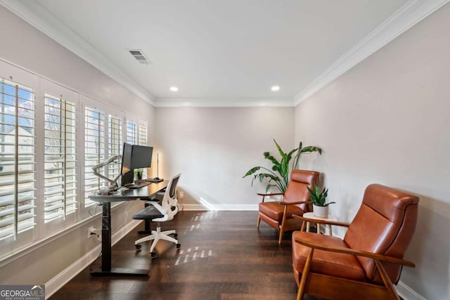 office space featuring dark wood-type flooring and ornamental molding