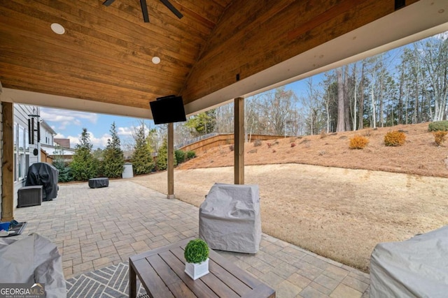 view of patio / terrace featuring area for grilling and ceiling fan