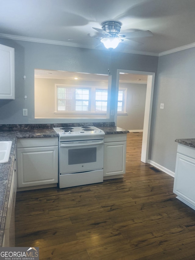 kitchen featuring white cabinetry, white electric range oven, and crown molding