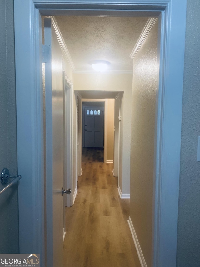 hall featuring crown molding, a textured ceiling, and hardwood / wood-style flooring