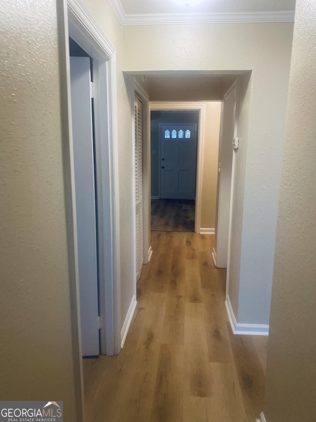 hall with ornamental molding and wood-type flooring