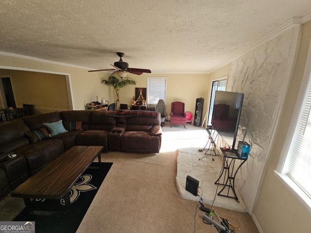 carpeted living room featuring crown molding, a healthy amount of sunlight, ceiling fan, and a textured ceiling