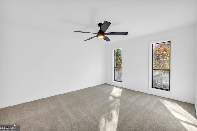 unfurnished room with ceiling fan and carpet