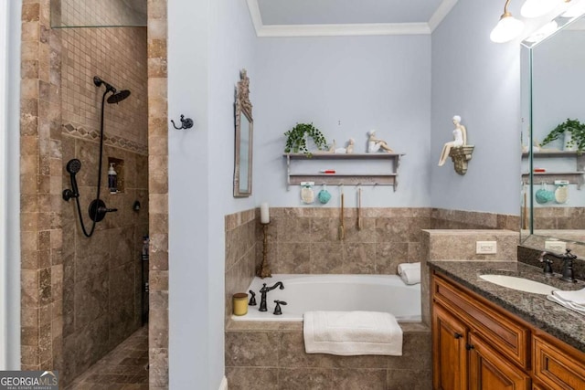 bathroom featuring ornamental molding, vanity, and plus walk in shower