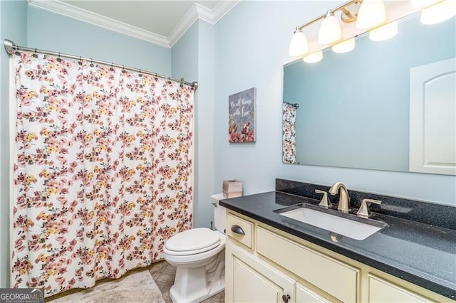4801 Daniel Mill Rd, Winston, GA 30187 - full bath featuring ornamental molding, toilet, a shower with curtain, and vanity